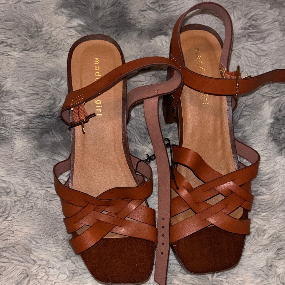 Madden Girl Cognac Brown Strappy Low Block Heel Sandals